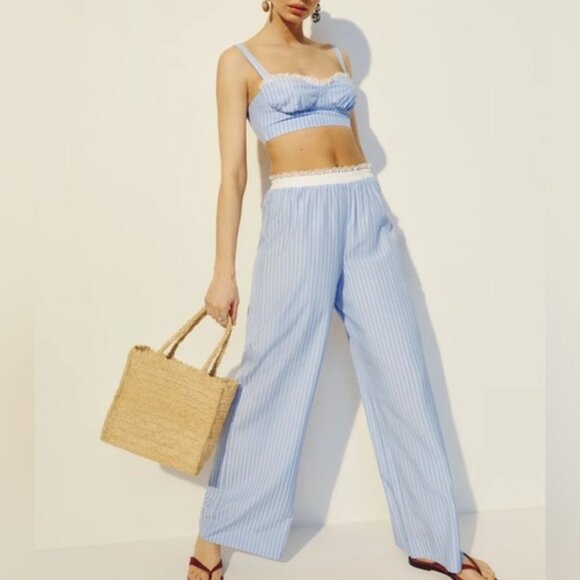 NEW Reformation Pippa Two Piece Set Top Pants Sky Blue Stripe | US 0 UK 4 - Picture 1 of 16
